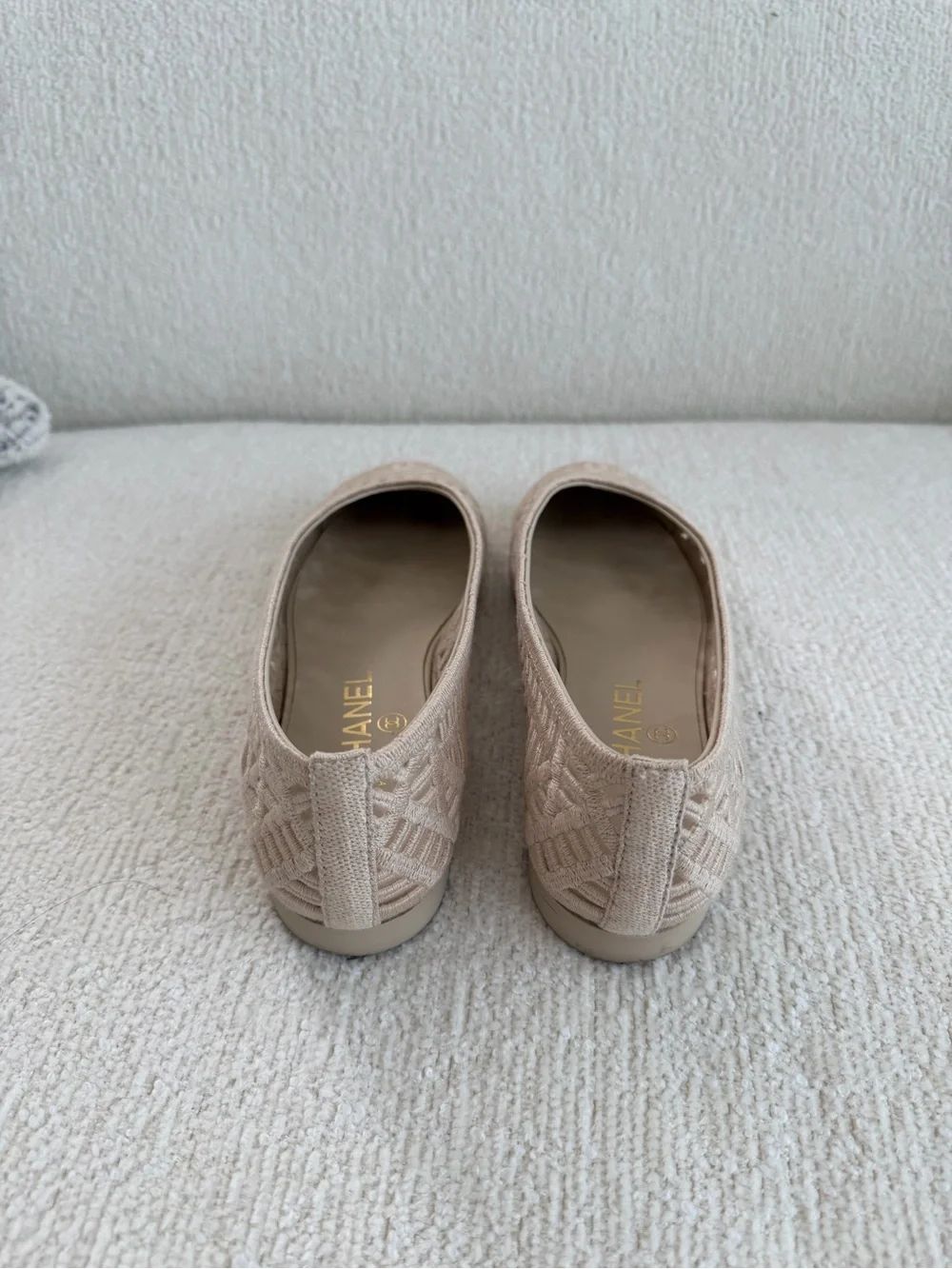 CHANEL Beige Openwork Tweed CC Ballet Flats